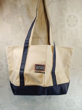 USO Canvas Tote Bag in Cream and Navy With Logo